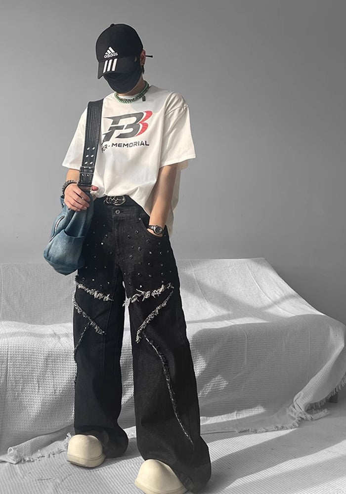 【SHUNP】Fringe patch multi-design wide over denim pants  SP0005