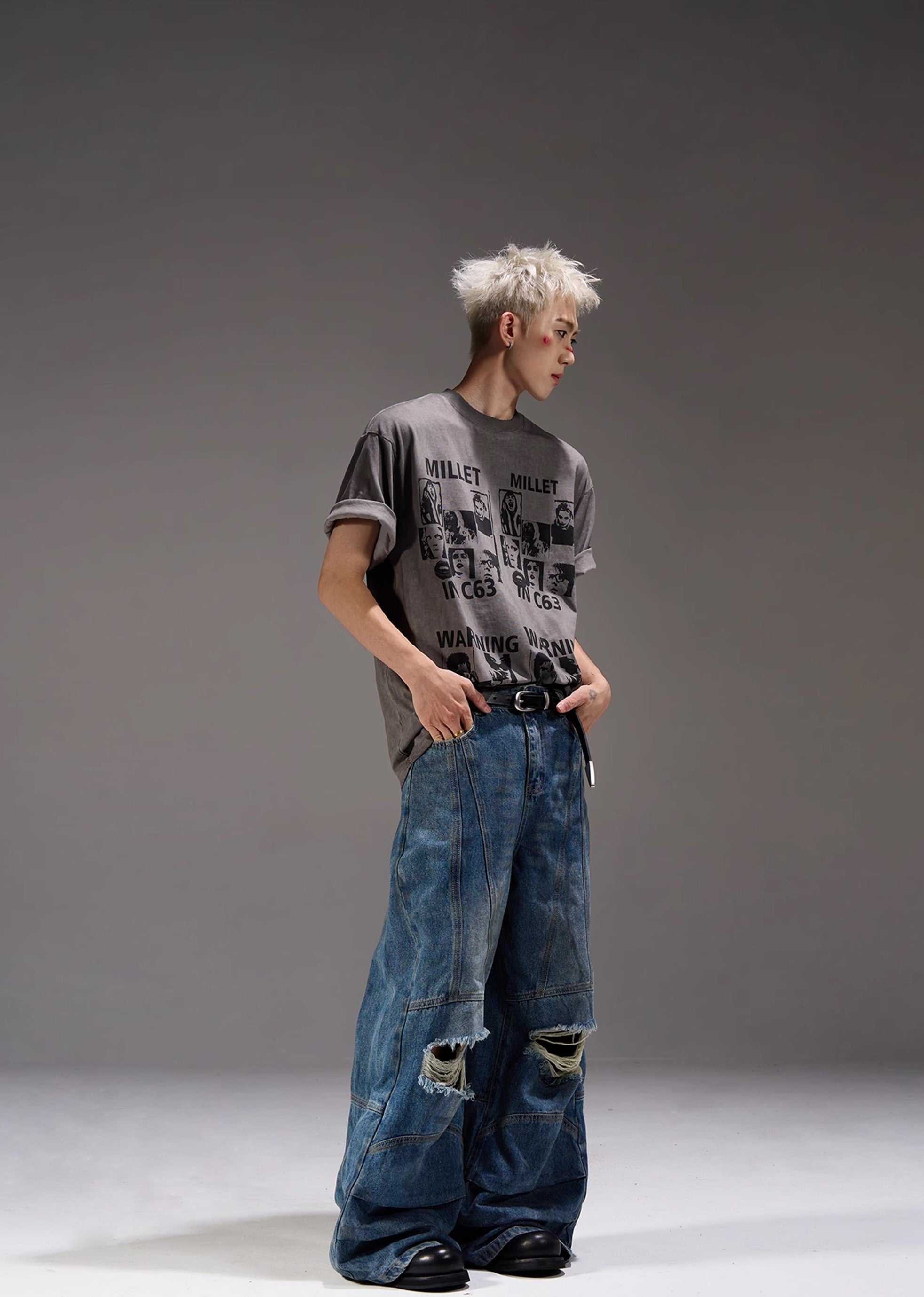 【MAXDSTR】Mid-length distressed dull blue wide denim pants  MD0160