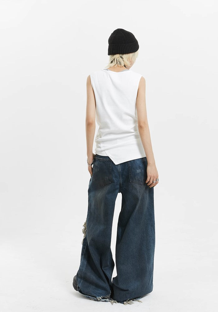 【MICHINNYON】Mid-length distressed navy denim wide pants  MY0004