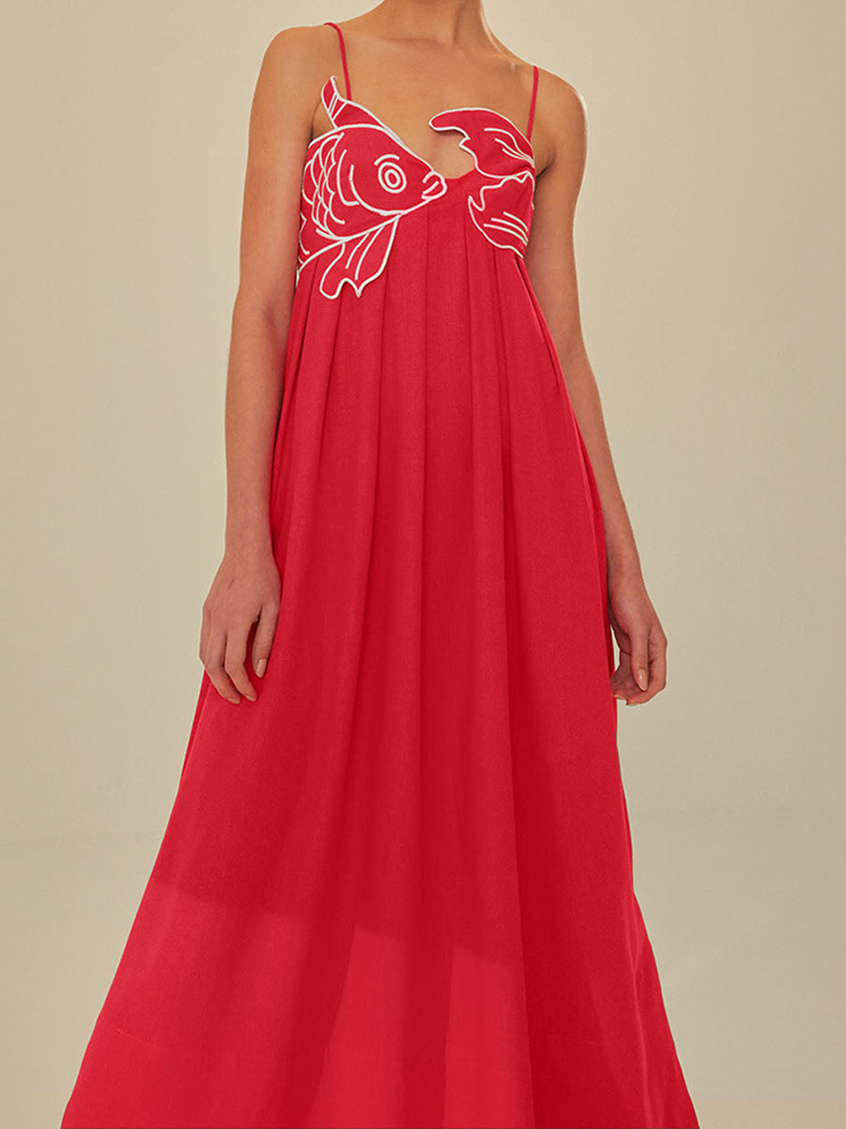 Callistari Embroidered Fish Spaghetti Strap Midi Dress