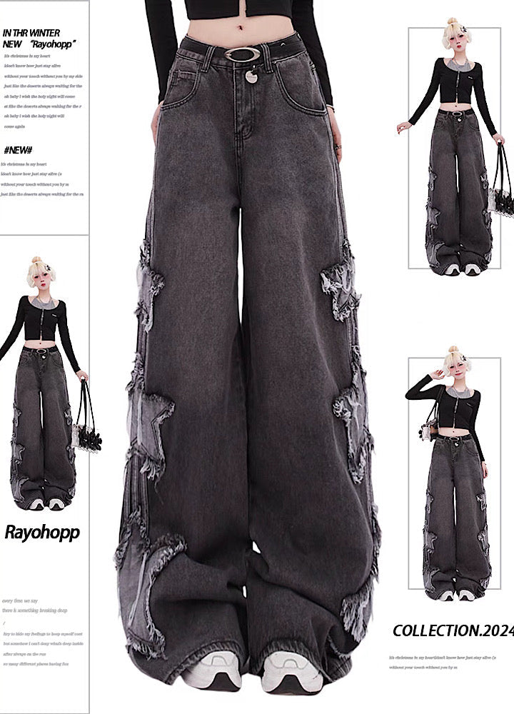 [Rayohopp] Side three damage star line wide denim pants RH0098