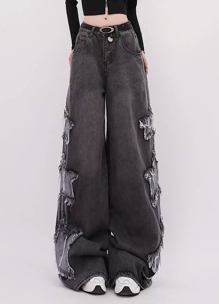 [Rayohopp] Side three damage star line wide denim pants RH0098