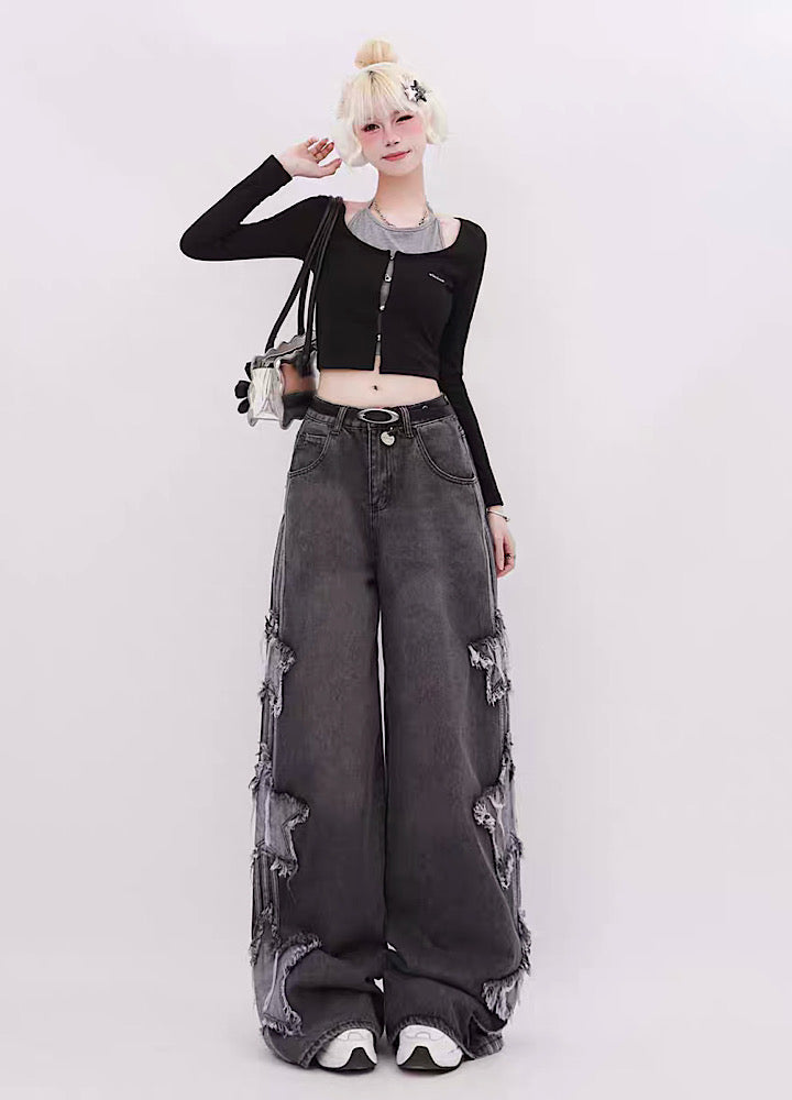 [Rayohopp] Side three damage star line wide denim pants RH0098