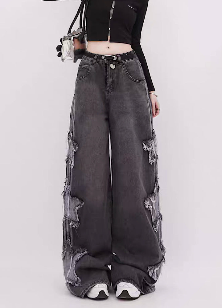 [Rayohopp] Side three damage star line wide denim pants RH0098