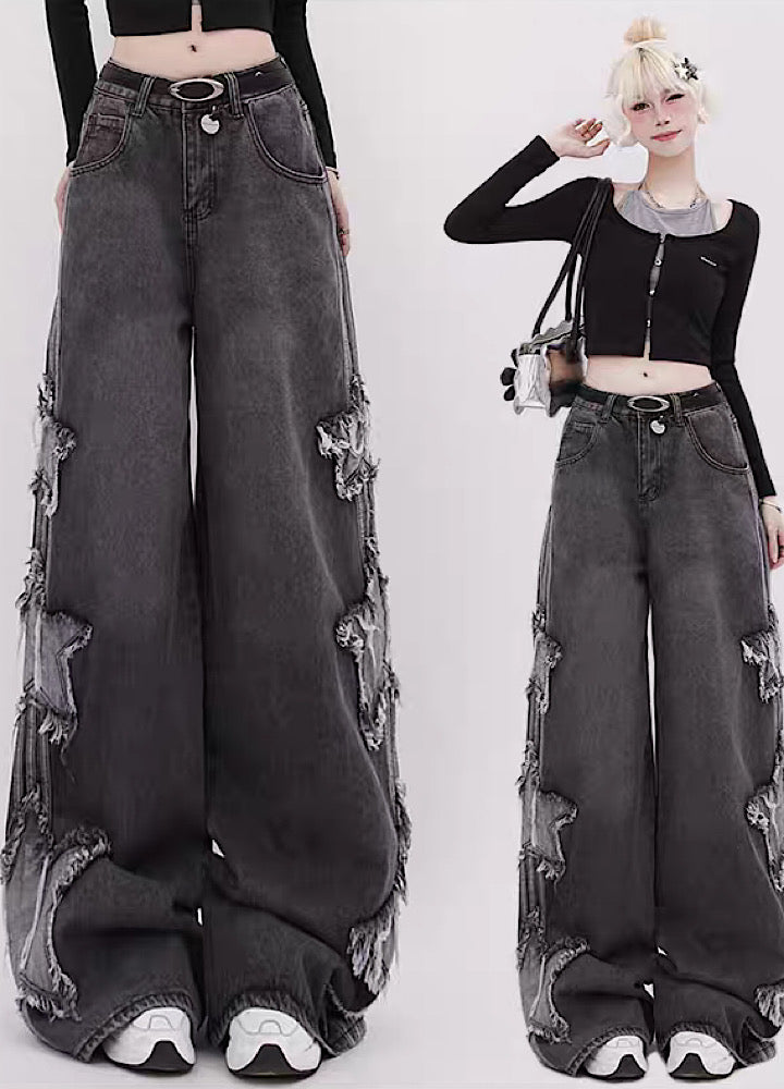 [Rayohopp] Side three damage star line wide denim pants RH0098