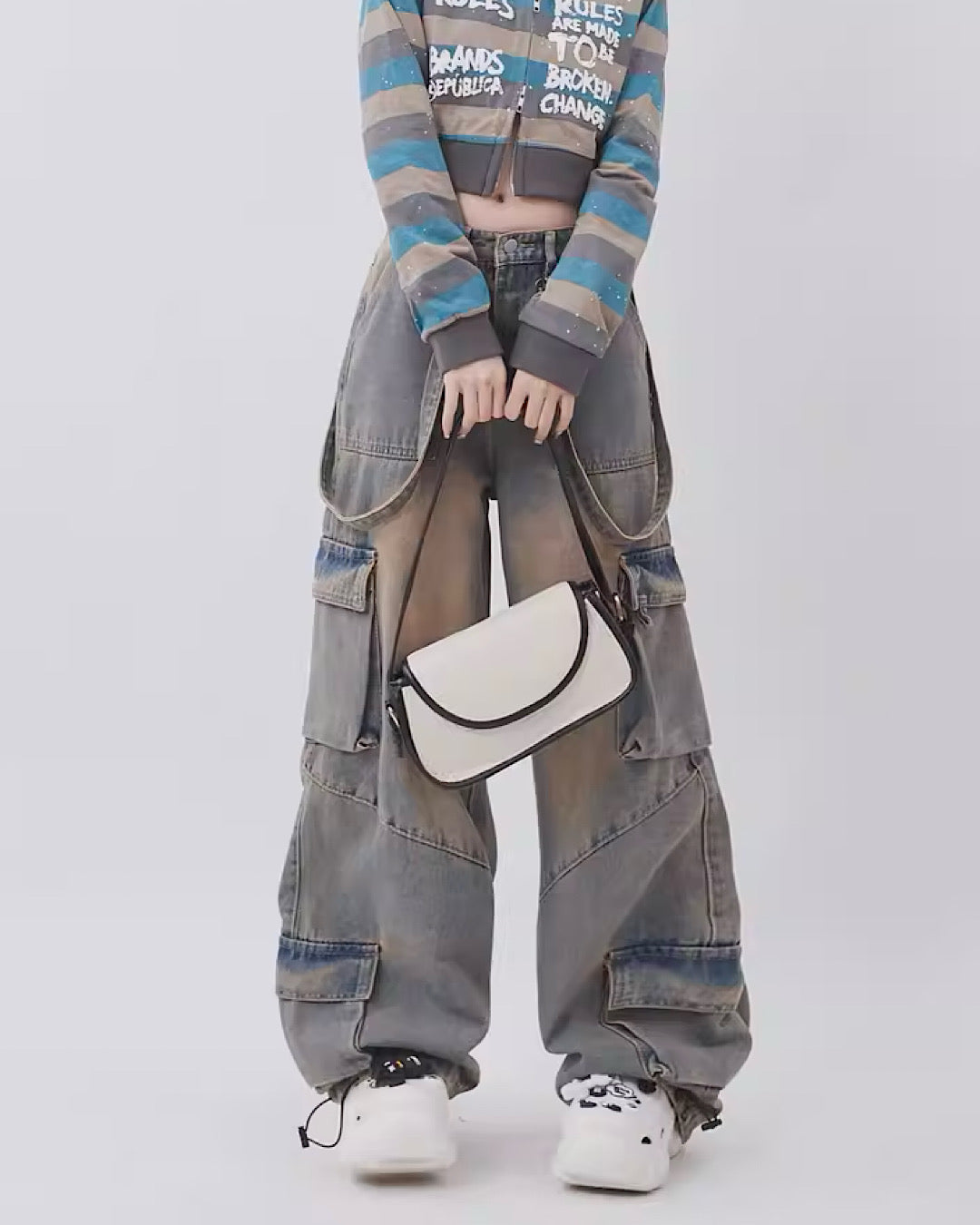 [Rayohopp]Mud-like graywashed suspender design denim RH0043