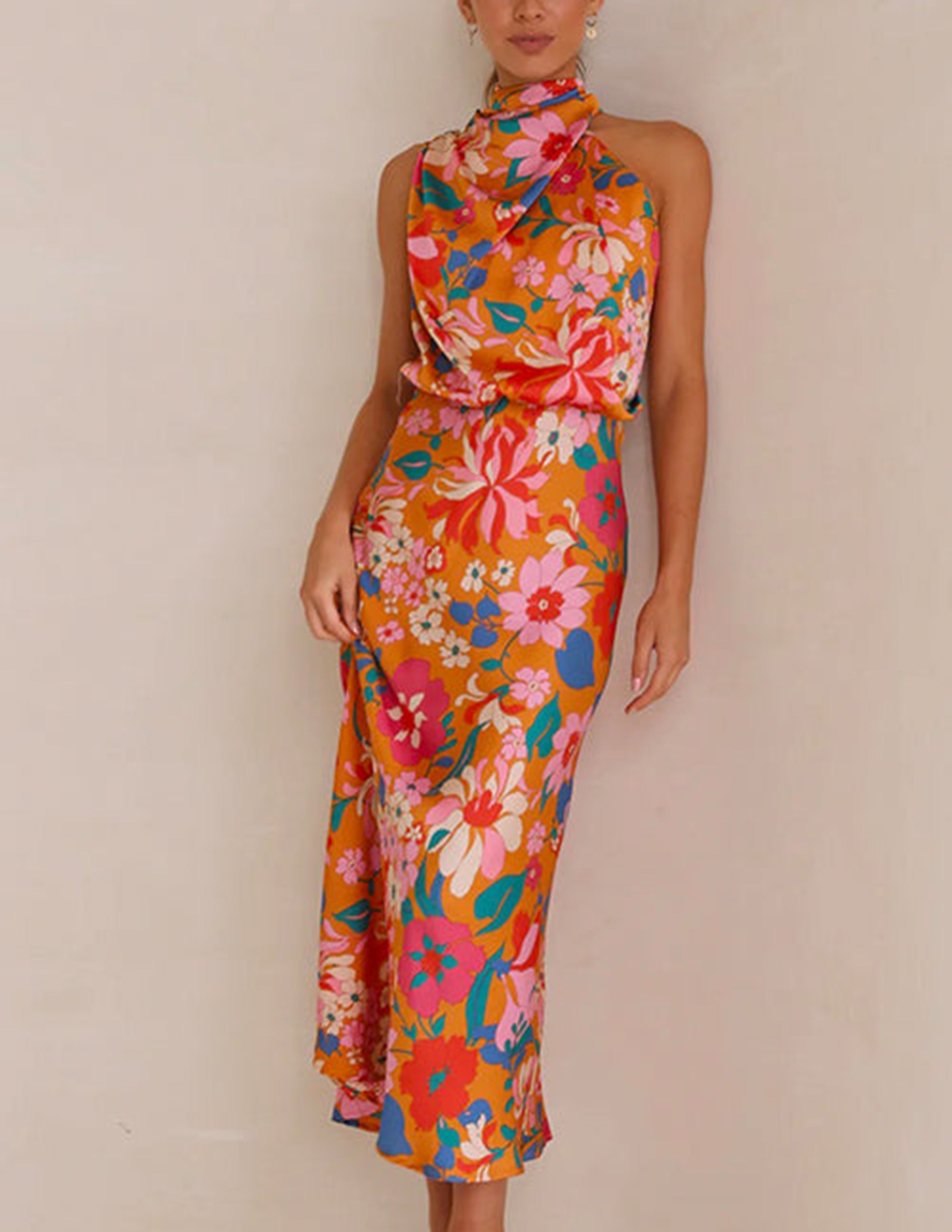 Floral Halter Neck Elastic Waist Maxi Dress