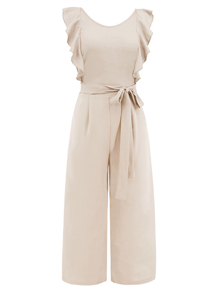 Ruffle Detail Belted Culotte Midi Straight Jumpsuit