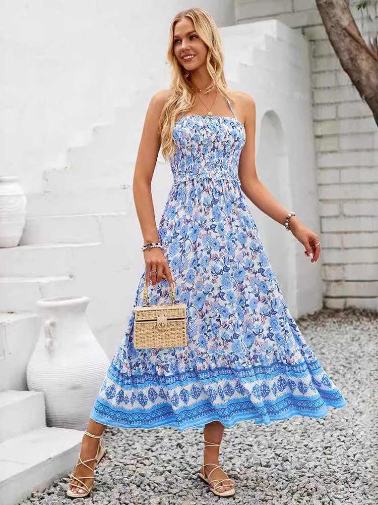 Floral Print Smocked Chest Halter Neck Maxi Dress