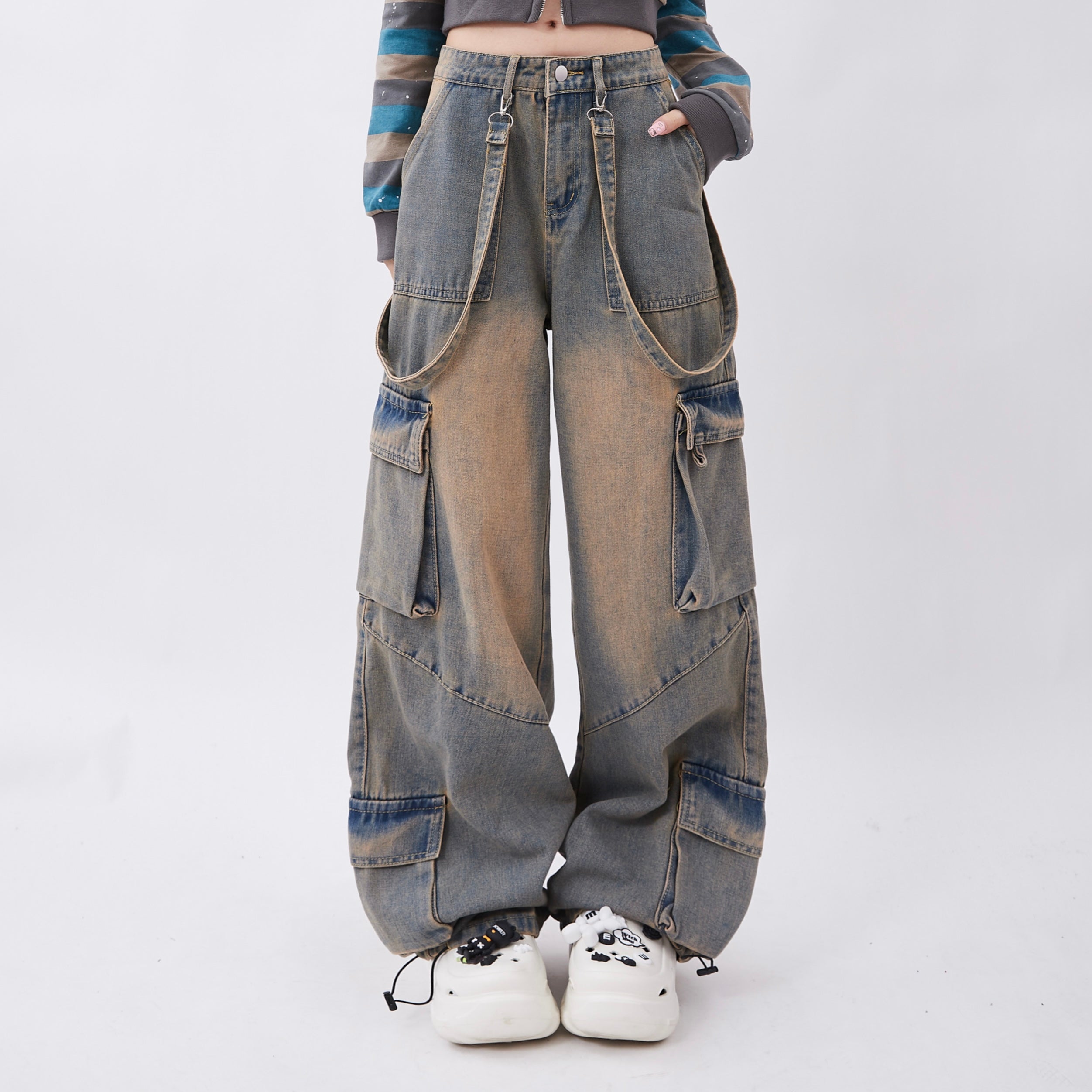 [Rayohopp]Mud-like graywashed suspender design denim RH0043