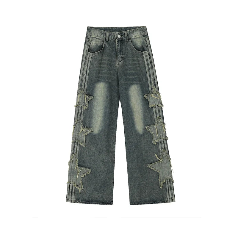 [Rayohopp] Side three damage star line wide denim pants RH0098