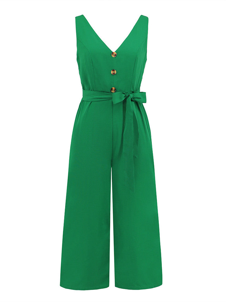 V-neck Button Knot-Tie W/ Cut-Out Back Jumpsuit