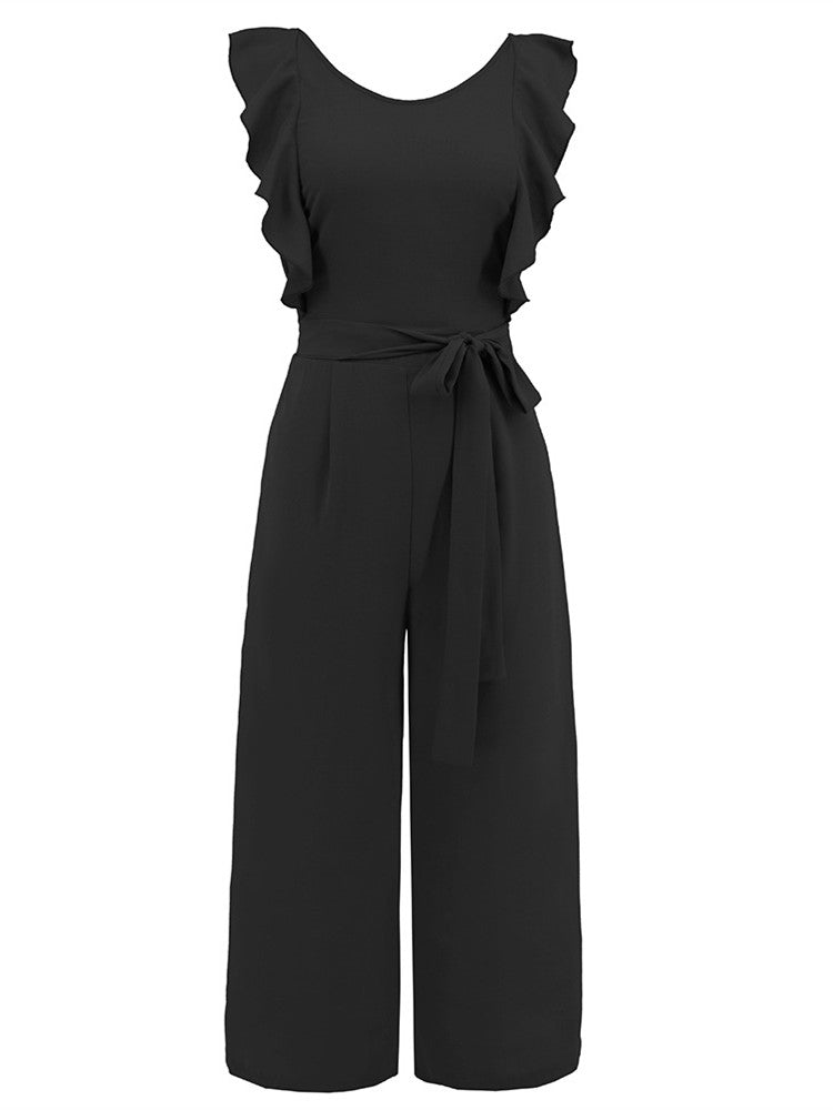 Ruffle Detail Belted Culotte Midi Straight Jumpsuit