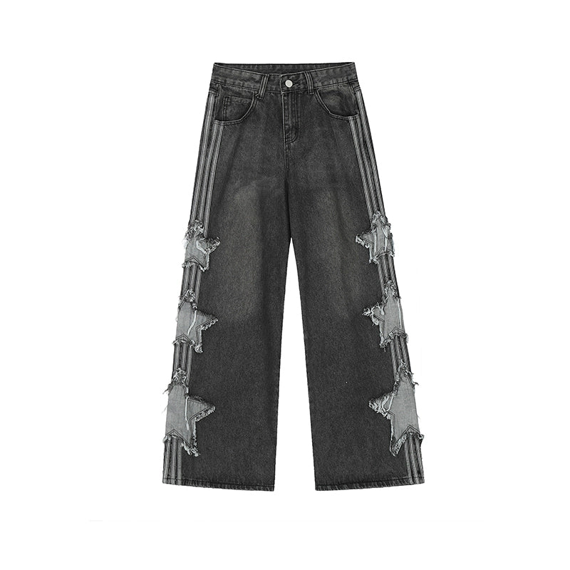 [Rayohopp] Side three damage star line wide denim pants RH0098