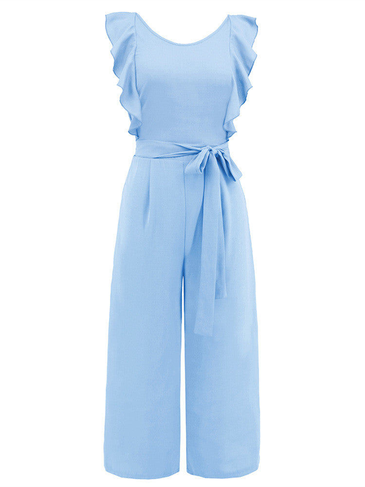 Ruffle Detail Belted Culotte Midi Straight Jumpsuit