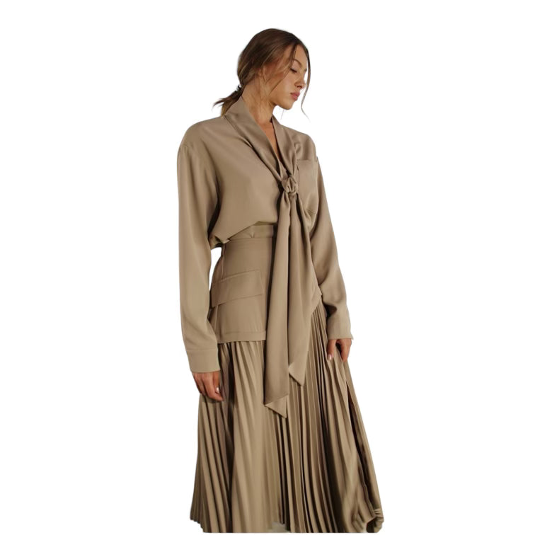 Long Sleeve Tie Top and Pleated Skirt Set