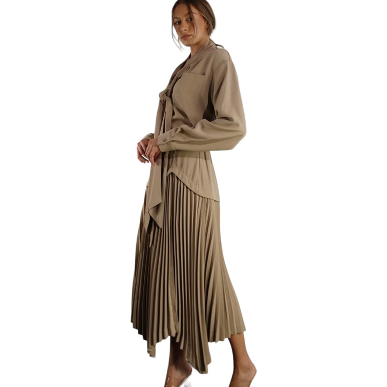 Long Sleeve Tie Top and Pleated Skirt Set