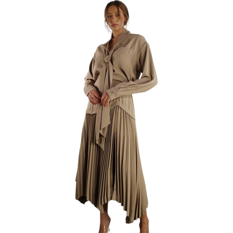 Long Sleeve Tie Top and Pleated Skirt Set