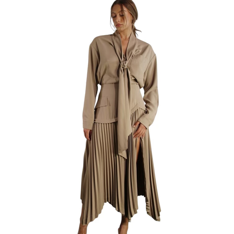 Long Sleeve Tie Top and Pleated Skirt Set