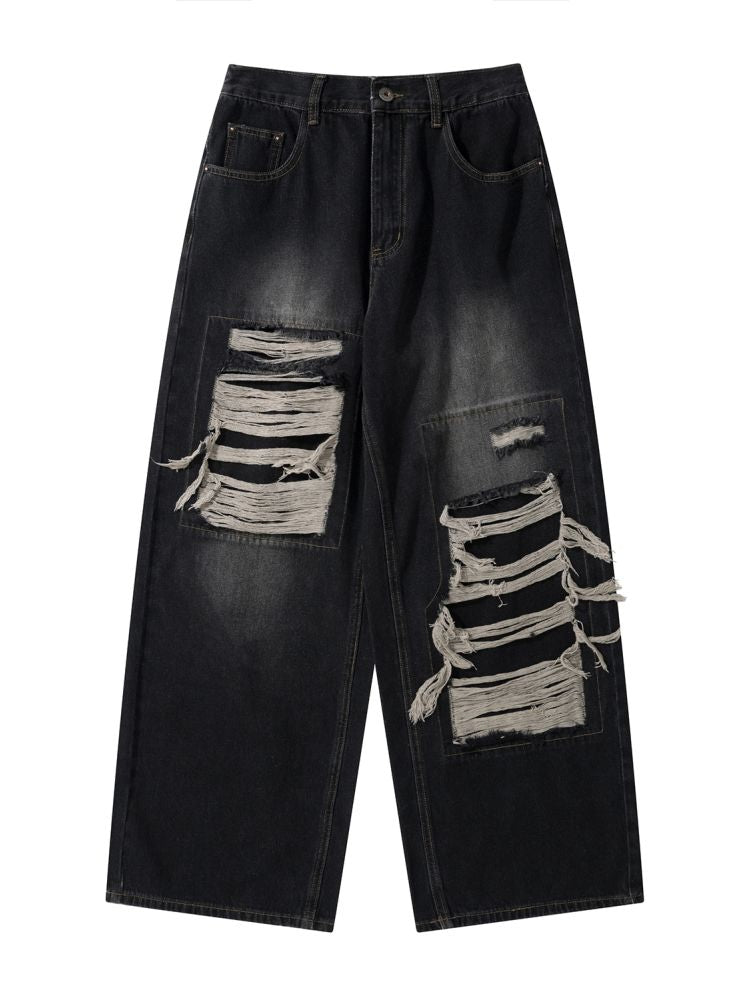 【MAXDSTR】Fake hole damage wide denim pants MD0039