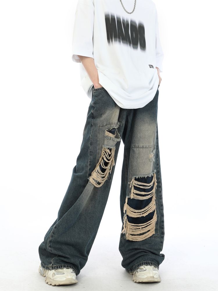 【MAXDSTR】Fake hole damage wide denim pants MD0039