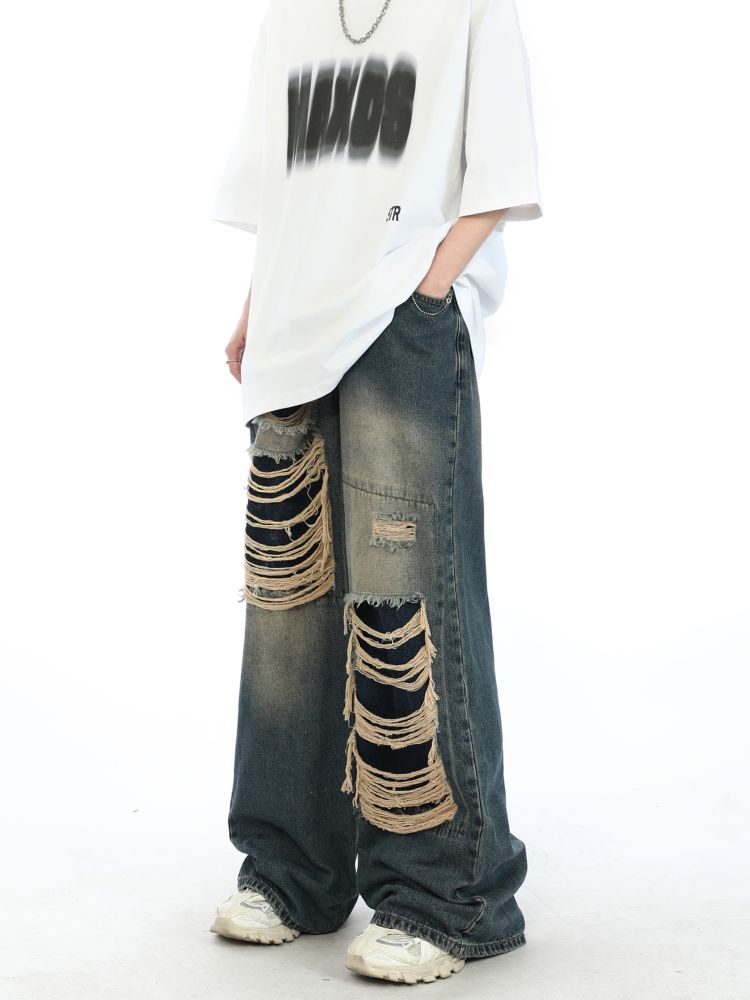 【MAXDSTR】Fake hole damage wide denim pants MD0039