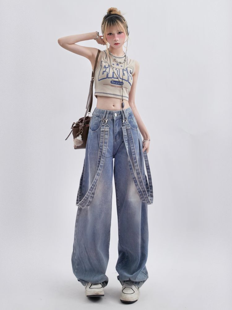 [Rayhopp] Retro suspenders casual washable jeans RH0006