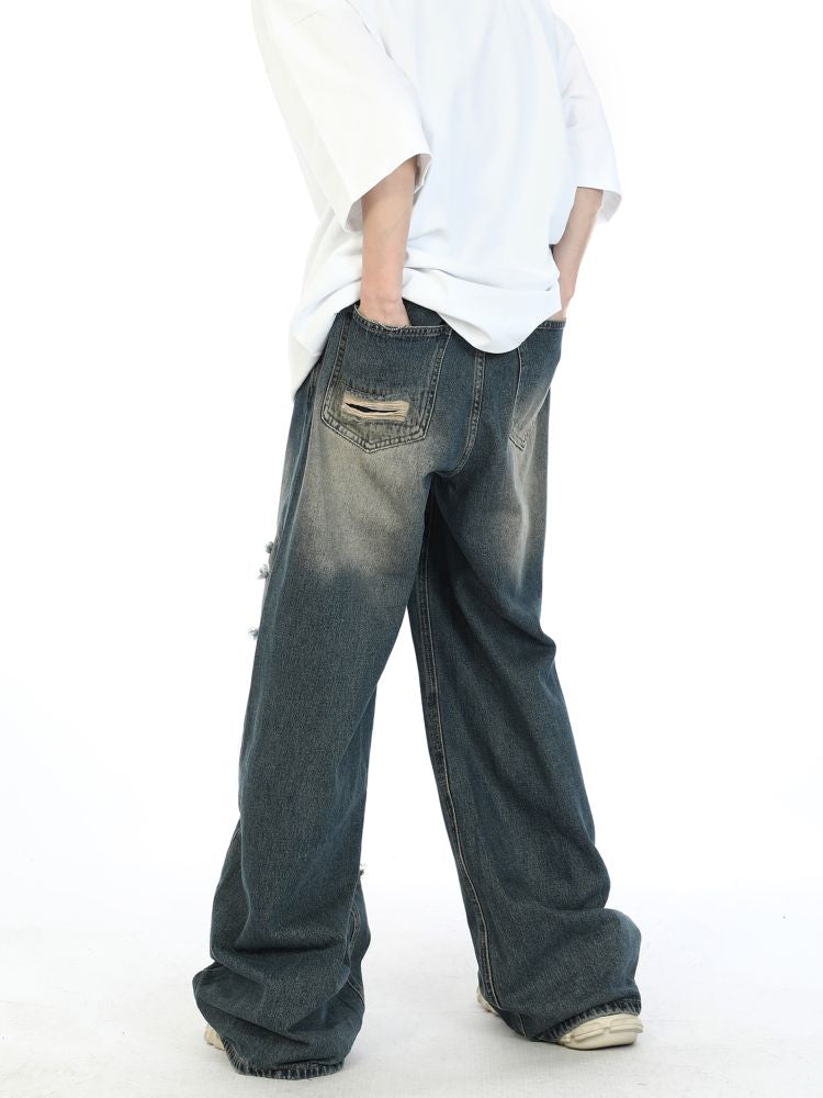 【MAXDSTR】Fake hole damage wide denim pants MD0039