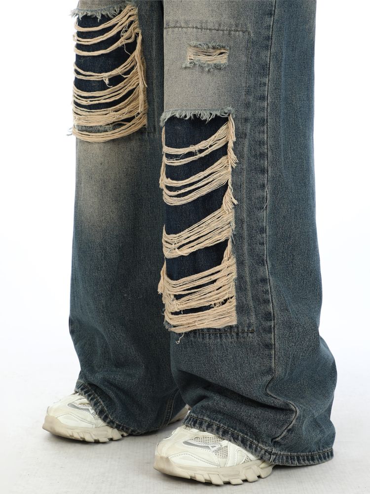 【MAXDSTR】Fake hole damage wide denim pants MD0039