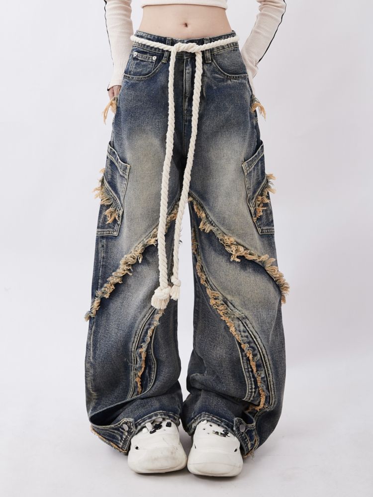 【Rayohopp】Raw edge design straight washed denim pants RH0027