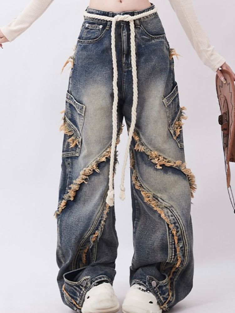 【Rayohopp】Raw edge design straight washed denim pants RH0027