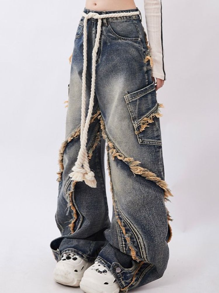 【Rayohopp】Raw edge design straight washed denim pants RH0027