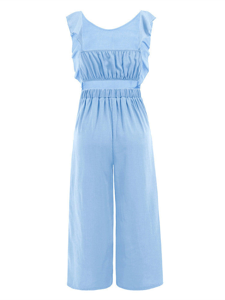 Ruffle Detail Belted Culotte Midi Straight Jumpsuit