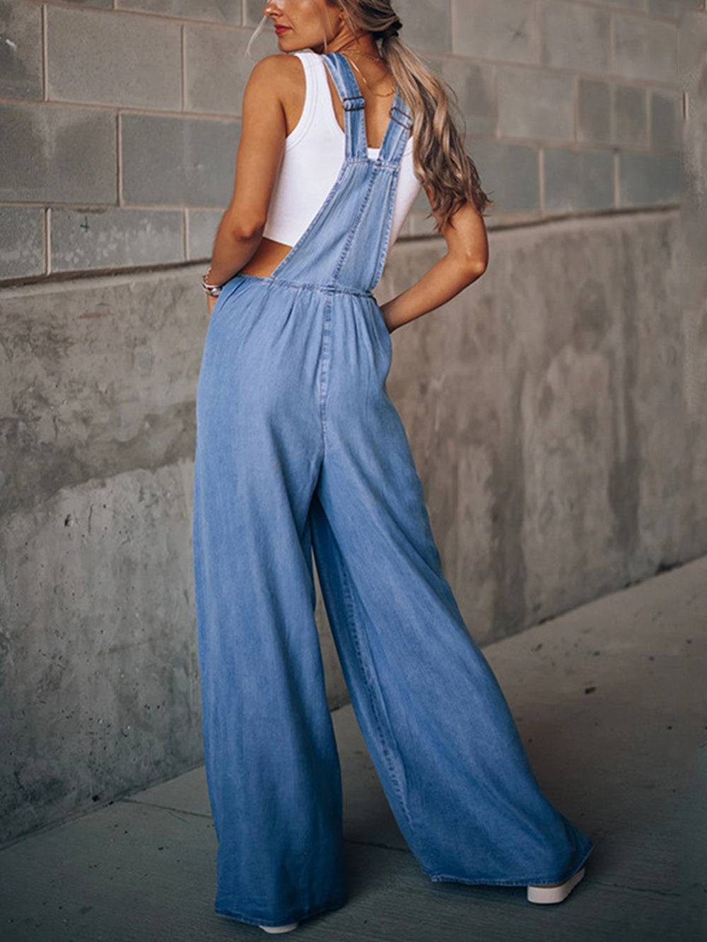 Solid Color Casual Loose Ripped Denim Overalls