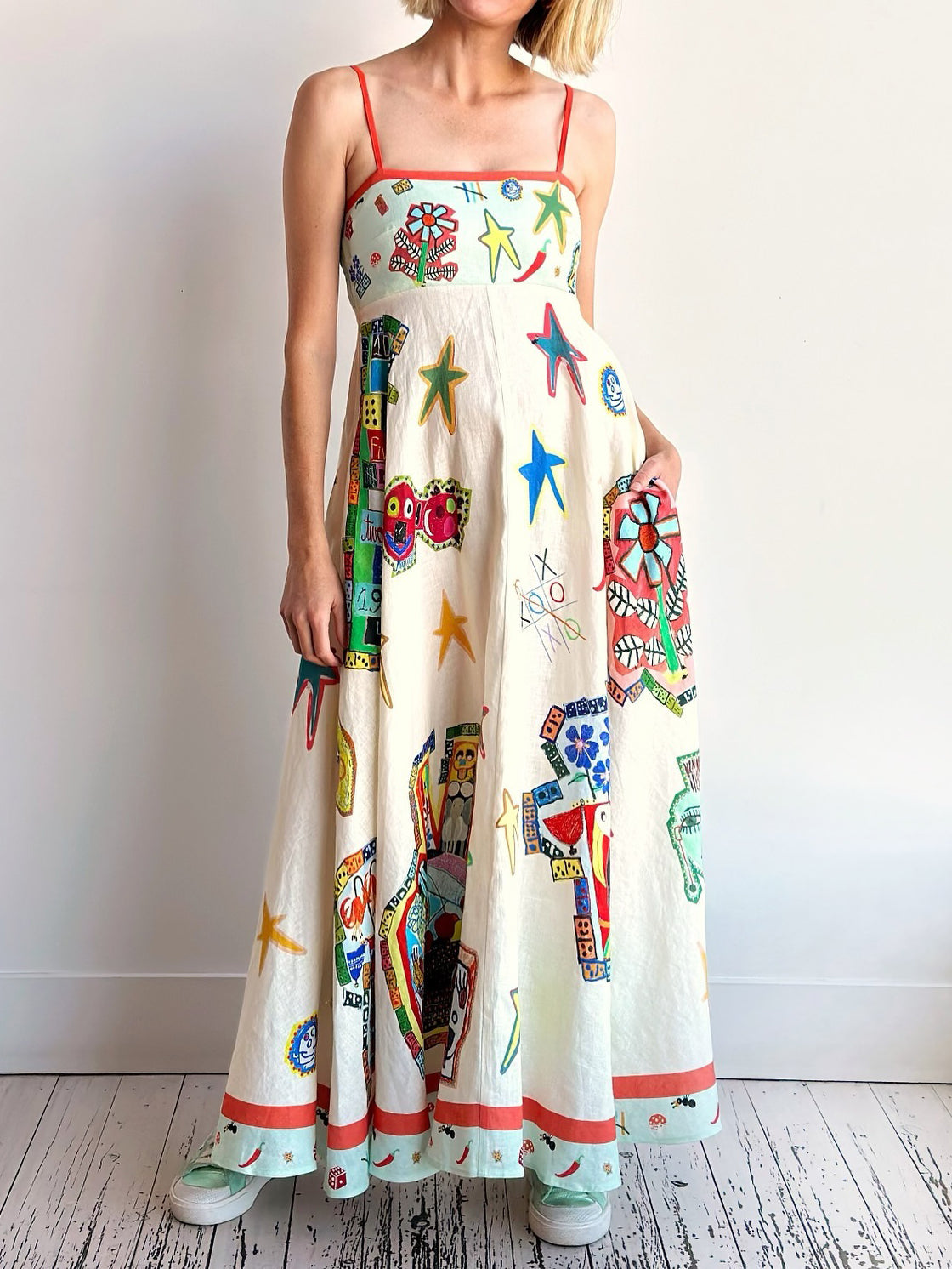 Unique Graffiti Print Suspenders Long Swing Maxi Dress