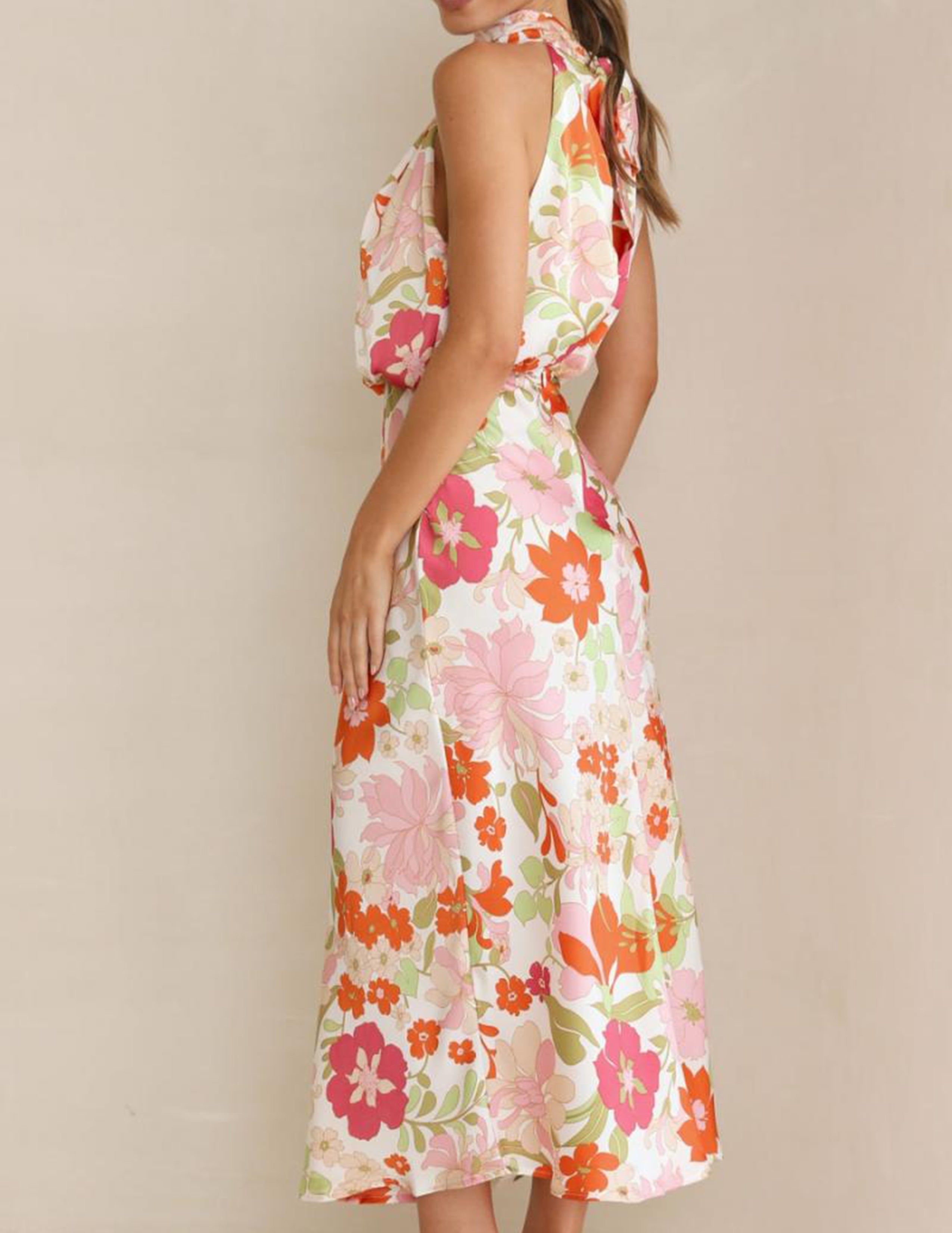 Floral Halter Neck Elastic Waist Maxi Dress