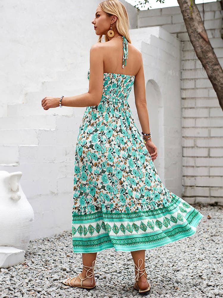 Floral Print Smocked Chest Halter Neck Maxi Dress