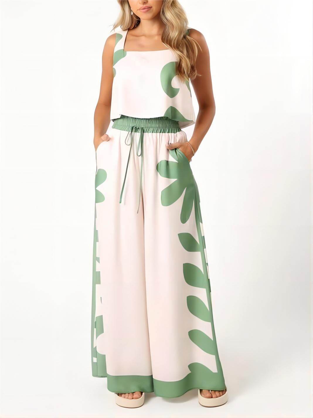 Sleeveless Folk Floral Loose Wide-Leg Pants Set