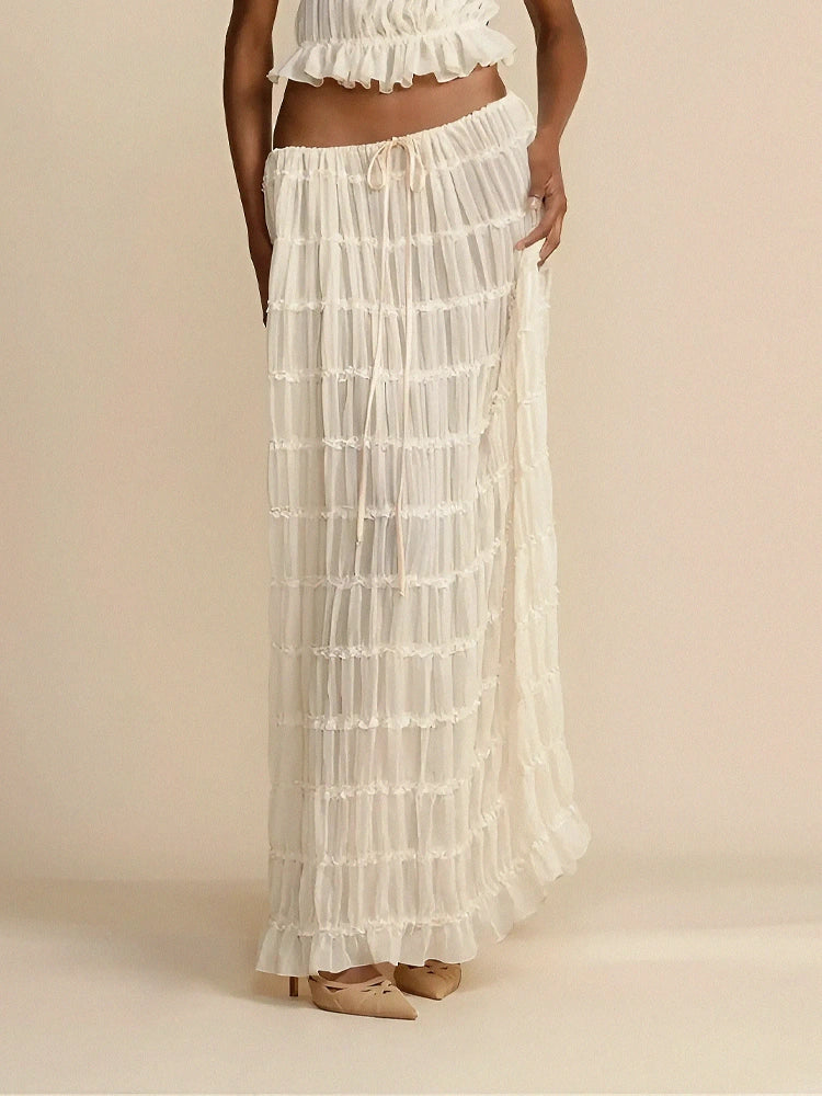 Charm Pleated Drawstring Waist Tiered Maxi Skirt